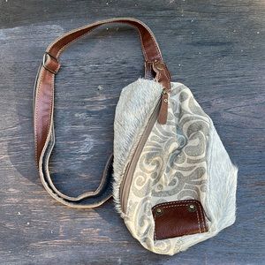 Myra Bag Cotton Carve / Leather Crossbody Bag with Brown Leather Strap